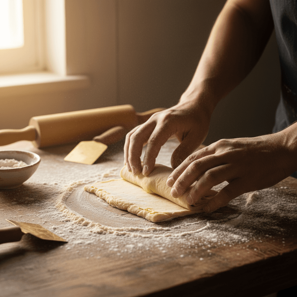Baker's hands shaping croissant dough with precision on floured wooden work surface in soft morning light