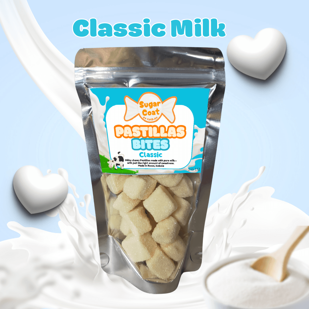 Sugar Coat Classic Pastillas Bites in a silver pouch with milk splashes and white hearts.