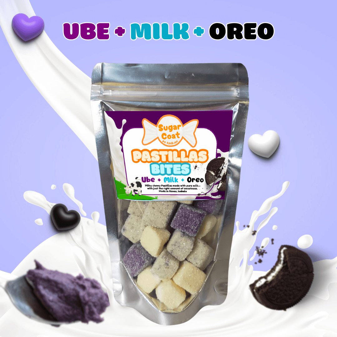 Sugar Coat Pastillas Bites pouch with purple, white, and Oreo flavored chewy candy cubes.