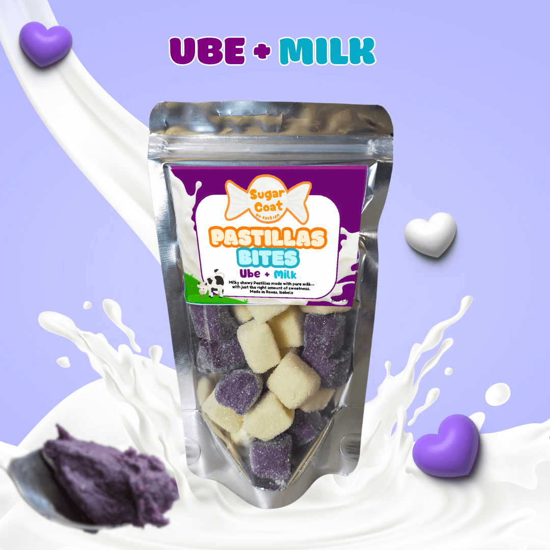 Silver pouch of Sugar Coat Pastillas Bites surrounded by milk splashes and purple hearts.