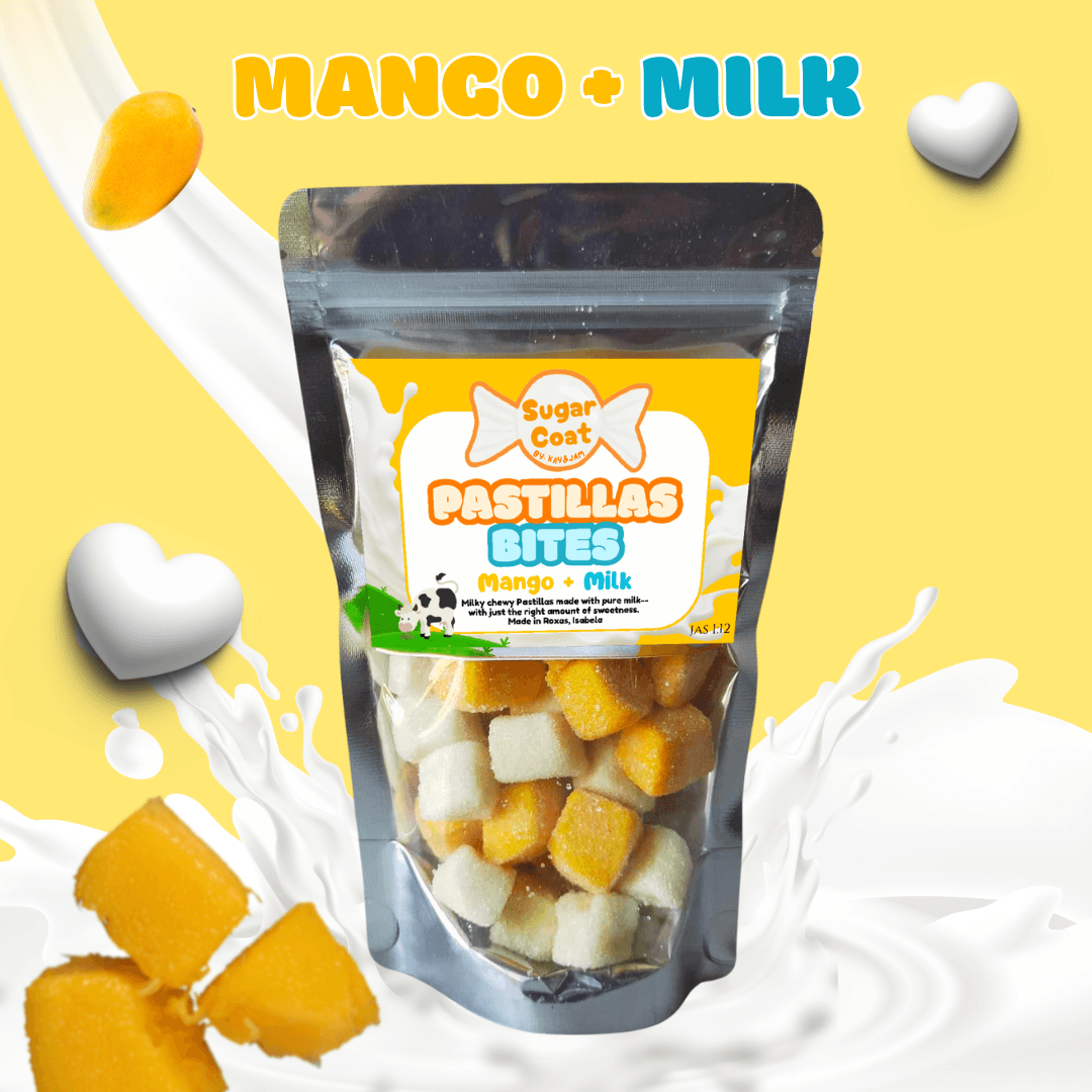 Sugar Coat Mango and Milk Pastillas Bites pouch with milk splashes and fresh mango pieces.