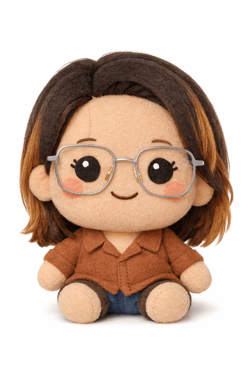 Plush doll with brown hair, silver glasses, rosy cheeks, and a brown collared shirt.
