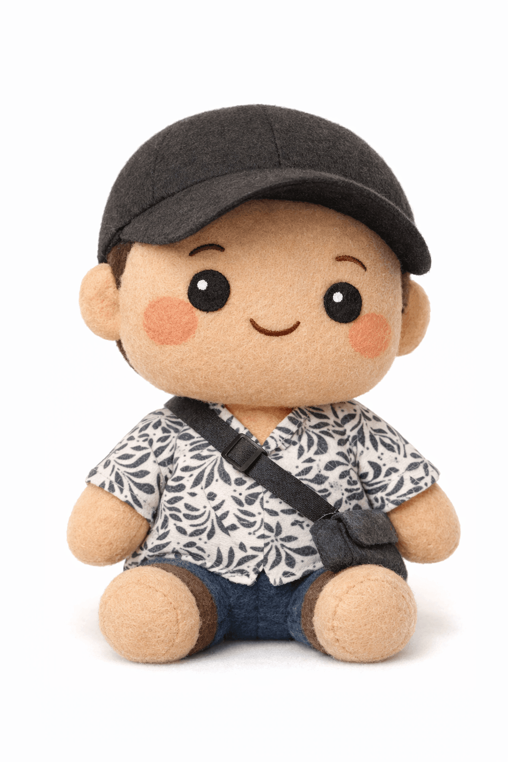 Smiling felt boy plushie wearing a black cap, leaf-patterned shirt, and a crossbody bag.