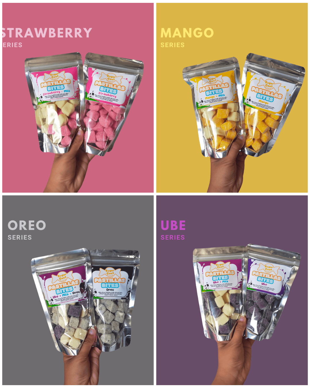 Four panels displaying Strawberry, Mango, Oreo, and Ube flavored Pastillas Bites candy pouches.